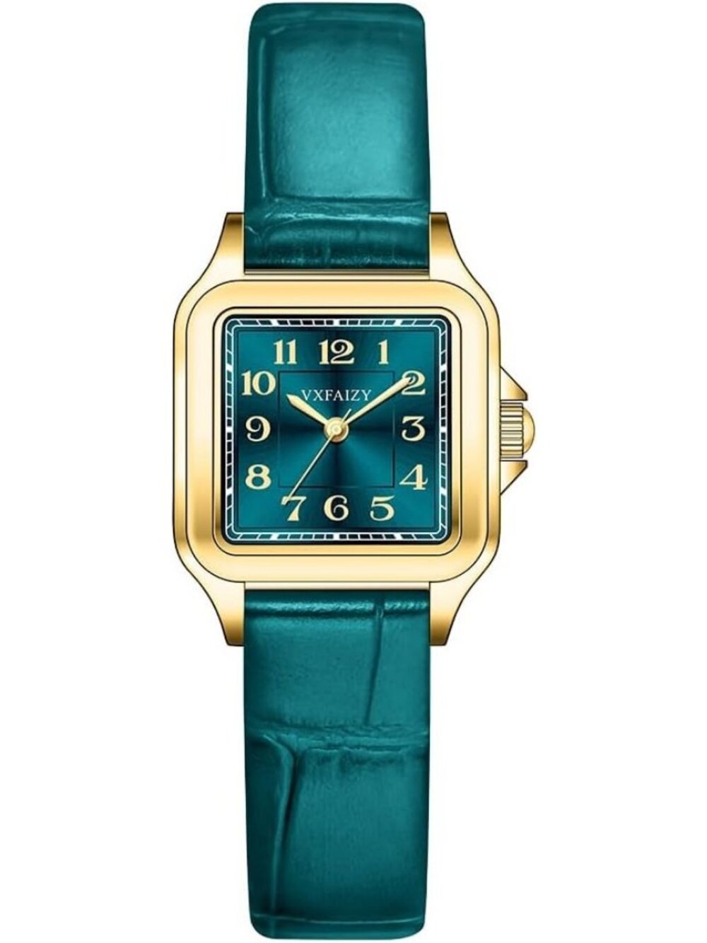Women's Green-Gold Leather Band Dainty Square Quartz Dress Stylish Wrist Watch